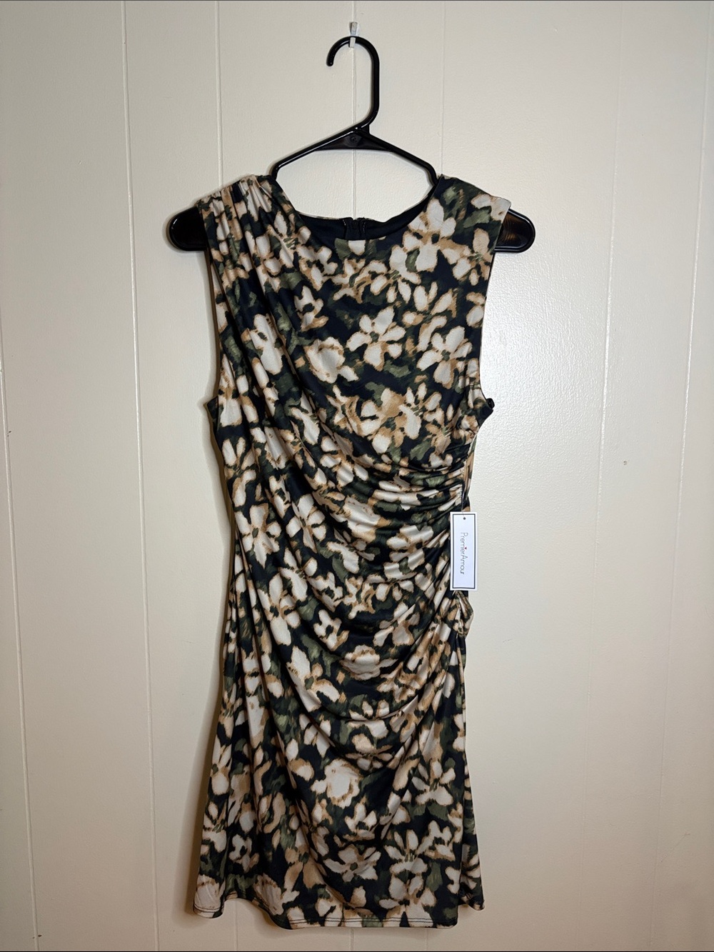 Premier Sleeveless Floral Ruched Midi Dress - Black & Cream & Tan